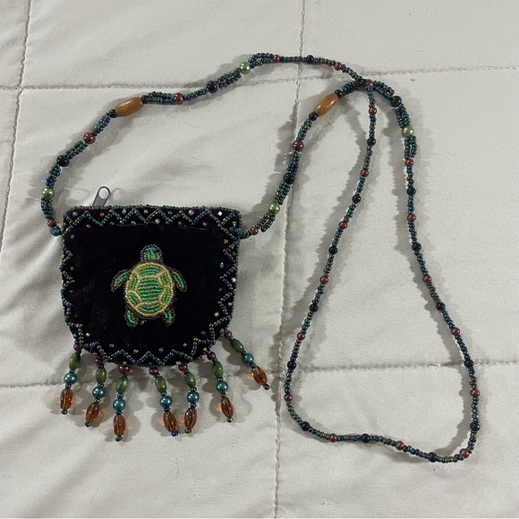 Handbags - Mini Velvet Beaded Purple Turtle Lanyard Pouch